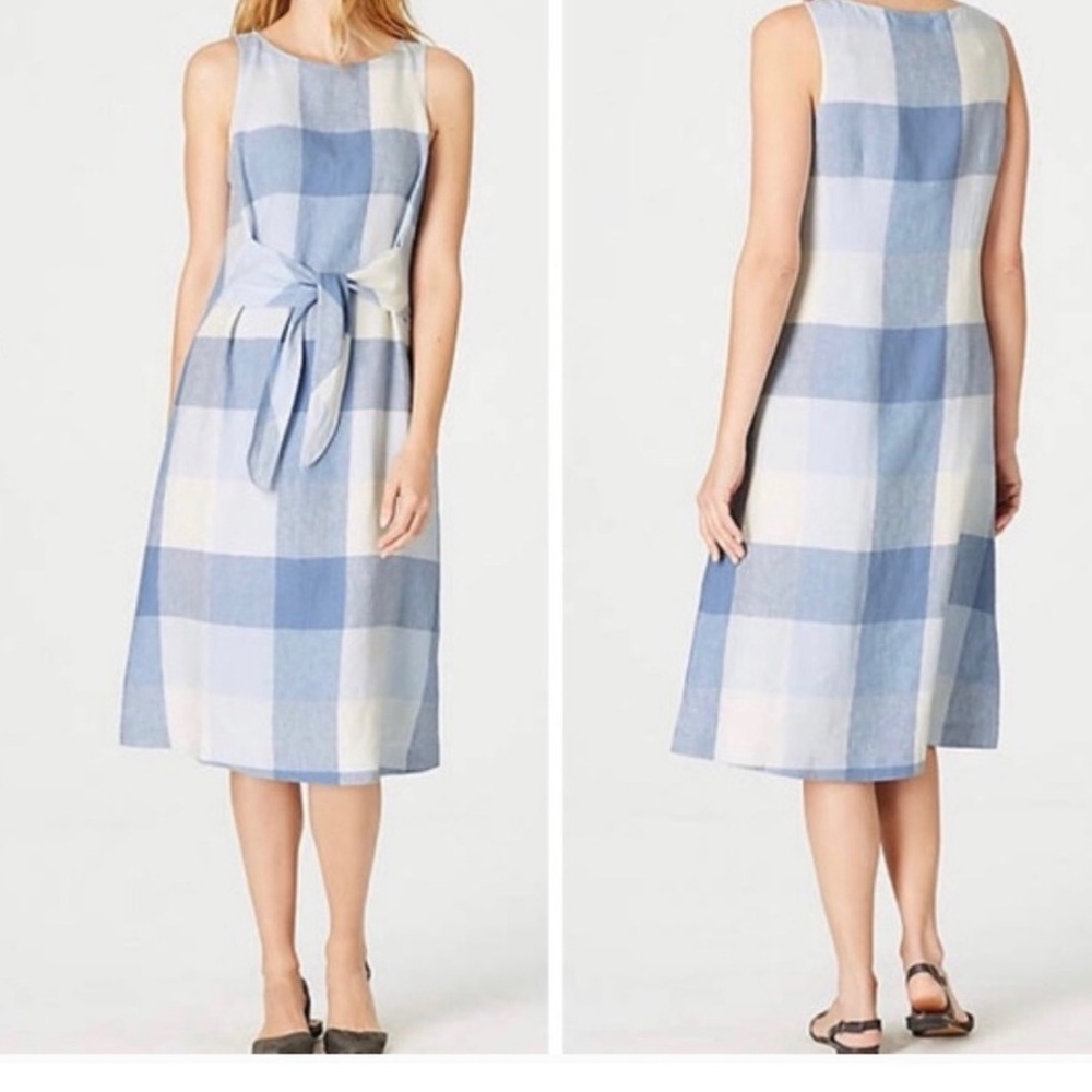 J. Jill Women’s 100% linen dress Gingham print blue white dress medium petite